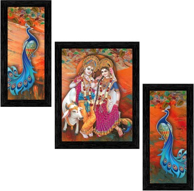 Indianara Set of 3 Radha Krishna with Peacock Framed Art Painting (3792BK) without glass (6 X 13, 10.2 X 13, 6 X 13 INCH) Digital Reprint 13 inch x 10.2 inch Painting(With Frame, Pack of 3)