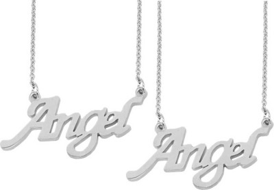 Uniqon (Set Of 2 Pcs) Silver Color Fancy & Stylish Trending Valentine's Day Special Metal Stainless Steel Angel Name Letter Locket Pendant Necklace With Chain For Women's And Girl's Gift Jewellery Set Silver Stainless Steel