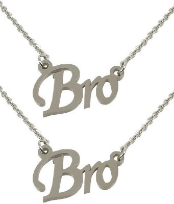 Uniqon (Set Of 2 Pcs) Silver Color Fancy & Stylish Trending Metal Stainless Steel Bro Name Letter Locket Pendant Necklace With Chain For Boy's And Girl's Birthday's & Raksha Bandhan Special Gift Jewellery Set Silver Stainless Steel