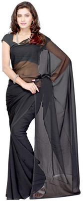 GLAM VILLA Solid/Plain Bollywood Silk Blend, Chanderi Saree(Black)