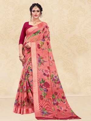 RUNAYA NX Printed Bollywood Cotton Blend Saree(Pink)