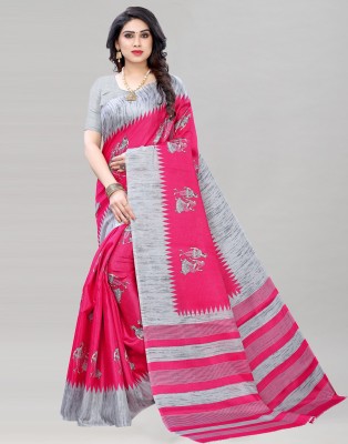 Samah Printed, Geometric Print, Floral Print Mysore Cotton Silk, Silk Blend Saree(Pink, Grey)