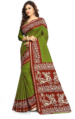 GLAM VILLA Printed Daily Wear Silk Blend, Chanderi Saree(Green)