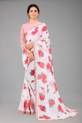 Lady Bazaar Floral Print Daily Wear Georgette Saree(White, Pink)