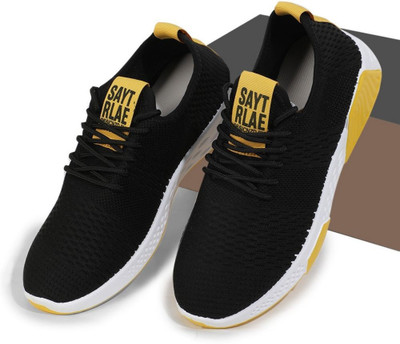 RapidBox Breathable | Knitted | Lace up Sneakers For Men(Black, Yellow , 9)