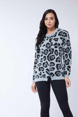 Modeve Animal Print V Neck Casual Women Grey Sweater