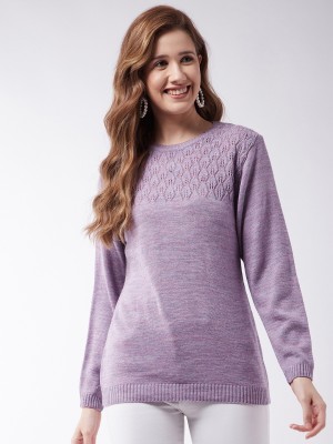 MODEVE Self Design, Printed, Woven Round Neck Casual Women Purple Sweater