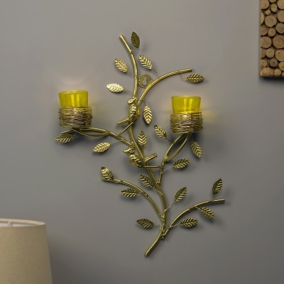 Homesake Golden Tree with Bird Nest Votive Stand Yellow, Wall Candle Holder and Tealight Candles Glass, Iron 2 - Cup Tealight Holder(Gold, Yellow, Pack of 1)
