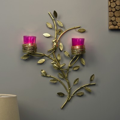 Homesake Golden Tree with Bird Nest Votive Stand Pink, Wall Candle Holder and Tealight Candles Glass, Iron 2 - Cup Tealight Holder(Gold, Pink, Pack of 1)
