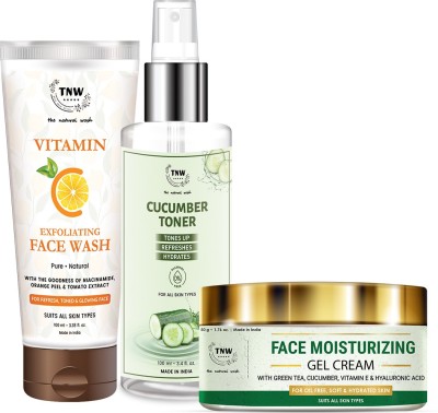 TNW - The Natural Wash Face Moisturizing Gel Cream, Vitamin C Face Wash & Cucumber Toner | Organic & Natural | For Men & Women(3 Items in the set)