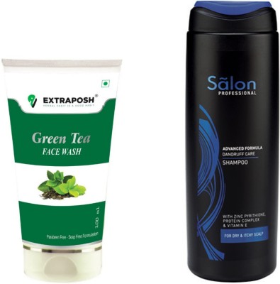 salon professional ADVANCED FORMULA DANDRUFF CARE SHAMPOO - USEFULL FOR DRY & ITCHY SCALP ( 200 ML ) + EXTRAPOSH SKIN BLEACING AND CLEANSING GREEN TEA FACE WASH(2 Items in the set)