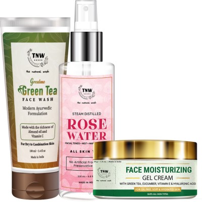TNW - The Natural Wash Face Moisturizing Gel Cream, Green Tea Face Wash, & Rose Water Spray Bottle | For Glowing Skin | Organic Products(3 Items in the set)