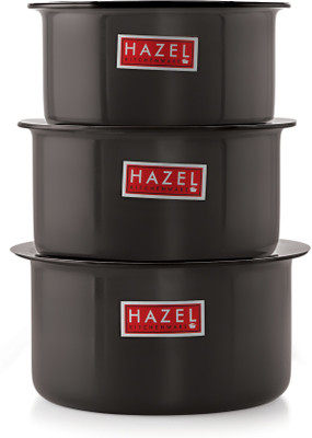 HAZEL Hard Anodised Aluminium Tope Set With Lid | Hard Anodised Cookware Set Of Boiling Tope Patila With Steel Lid Cover For Cooking ( 3 Topes & 3 Lids), 6 Pieces, Black Tope Set with Lid 1.1 L, 1.5 L, 2 L capacity 14.2 cm diameter(Hard Anodised, Stainless Steel)