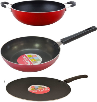 NAVRANG 3 PCS COMBO SET ROTI TAWA 280MM, KADAI 220 MM AND FRY PAN 220 MM, RED Non-Stick Coated Cookware Set(Aluminium, 3 - Piece)