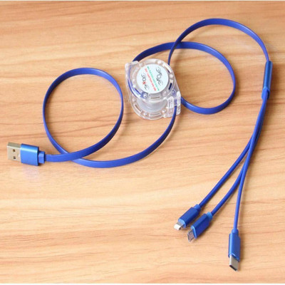 Wifton USB Type C Cable 2 A 1.2 m 3 in 1 Charging Cable Retractable -U7(Compatible with iOS, Android, Blue, One Cable)