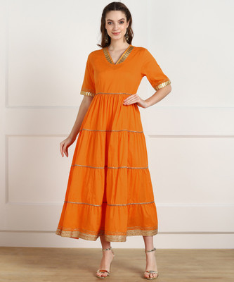 Natty Women Fit and Flare Orange Midi/Calf Length Dress
