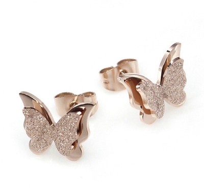 Nilu's Collection Charming Dual Butterfly Classic Stainless Steel Rhinestone Real Rose Gold Stud Earrings for Girls and Women (Rose Gold) Metal Stud Earring