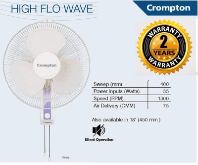 CROMPTON HIFLO 100% COPER HI-SPEED 1400RPM SUPER SILENT LONG LASTING LOW ENERGY 400 mm Silent Operation 3 Blade Wall Fan