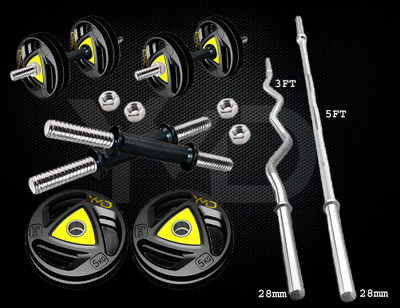 YMD 20 kg Professional Metal Integrated Rubber Plates Set with One 3 Ft Curl, One 5 Ft Plain and One Pair Dumbbell Rods Home Gym Combo