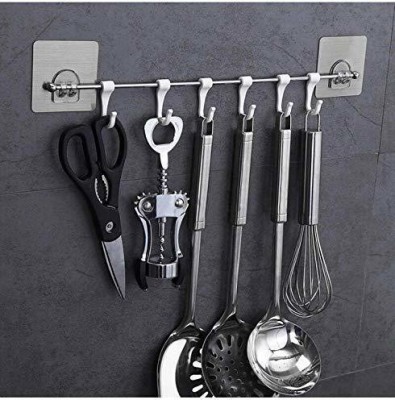 Nav Care Self-Adhesive Stainless-Steel Rod 6 Hooks Wall Mounted Bathroom Towel Hanger Hook 6(Pack of 2)