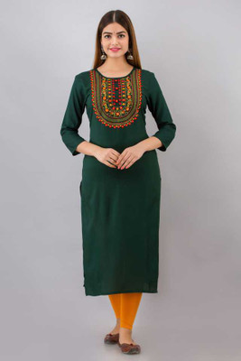 Mehsoos Women Embroidered Straight Kurta(Dark Green)
