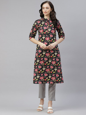 DIVENA Women Floral Print Straight Kurta(Black)