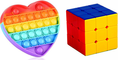 PRAYOSHA ENTERPRISE Pop It Fidget Toys,Push Pop Bubble Fidget Sensory Toy, Fidget Heart Shape and Cube size 3 x 3 High Speed Sticker less Magic Puzzle Cube(Multicolor)