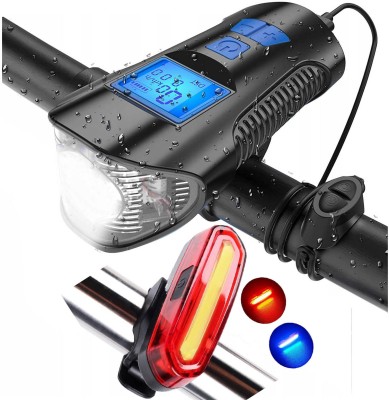 NSV Rechargeable Bicycle Headlight+Horn+Speedometer and Tail light With 6 Light Mode LED Front Rear Light Combo(Multicolours)