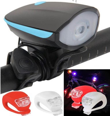 NSV Rechargeable Bicycle Headlight + Horn and Blinker Tail light With 3 Light Mode LED Front Rear Light Combo(Red, Blue, White)