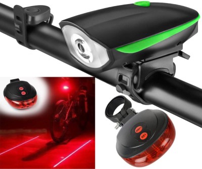 NSV Rechargeable Bike/Bicycle Headlight + Horn and Laser Tail light With 3 Light Modes LED Front Rear Light Combo(White, Red)