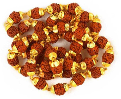 PRIYANSHU INDUSTRIES New Letest Fashion 5- Mukhi Siddiratan Rudraksha Beads Brass Mala Chain 28 inches brass with floral caps Gold-plated Alloy Necklace Chain For Men And Women Wedding Marriage, Party Wear,Daily Wear, Festive Gift Item Beads Gold-plated Plated Brass, Alloy Chain