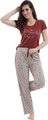 DZZO Women Printed Brown Top & Pyjama Set