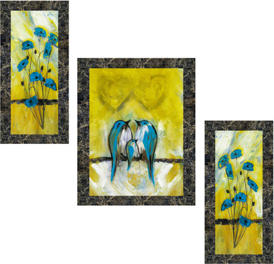 Indianara Set of 3 Abstract Birds and Flowers Framed Art Painting (1107MGY) without glass (6 X 13, 10.2 X 13, 6 X 13 INCH) Digital Reprint 13 inch x 10.2 inch Painting(With Frame, Pack of 3)