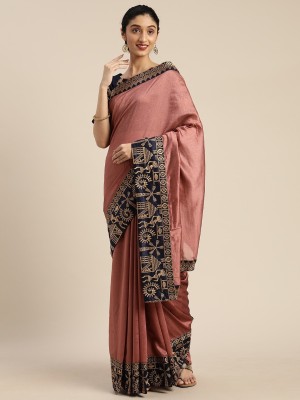 Om Shantam sarees Embroidered, Solid/Plain, Temple Border Bollywood Silk Blend Saree(Pink)