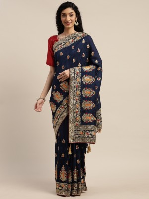 Om Shantam sarees Embroidered Bollywood Silk Blend Saree(Blue)