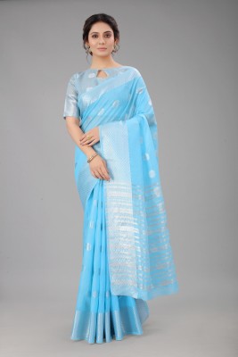 Lady Bazaar Woven Maheshwari Cotton Blend Saree(Light Blue)