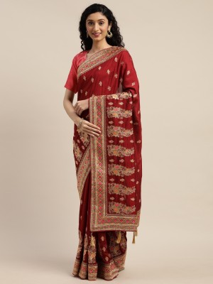 Om Shantam sarees Embroidered Bollywood Silk Blend Saree(Maroon)