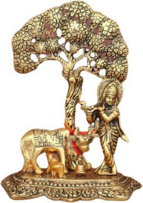 SHRI ASTHA VINAYAK Metal Krishna with Cow Standing Under Tree Plying Flute (Gold, 12x8x17cm) Decorative Showpiece  -  9 cm(Brass, Gold)