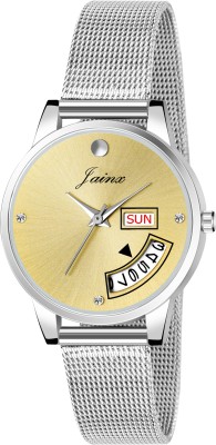 JAINX JW674 Golden Dial Day & Date Function Steel Mesh Chain Analog Watch  - For Women