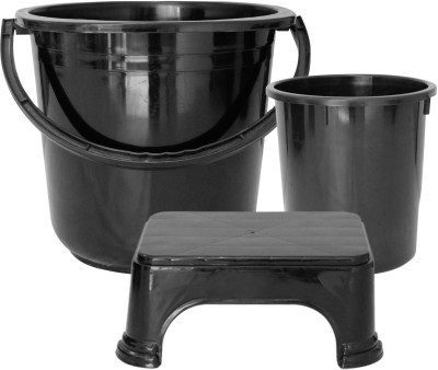 KUBER INDUSTRIES 3 Pieces Unbreakable Virgin Plastic Multipurpose Bucket, Dustbin & Stool Set (Black) 16 L Plastic Bucket