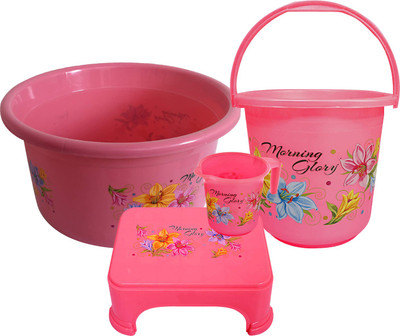 KUBER INDUSTRIES Printed 4 Pieces Unbreakable Virgin Plastic Multipurpose Bucket, Stool, Mug & Tub Set (Pink) 25 L Plastic Bucket