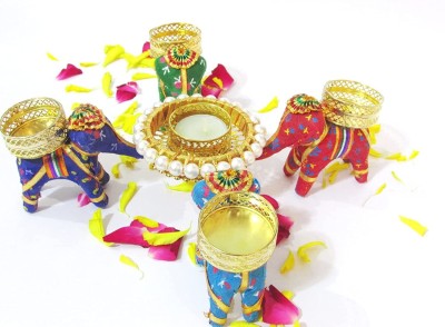 thriftkart 5 Pc Tea Light Designer Candle Holder Combo 4pc Elephant and 1 Beads Round Diya T Light Holder For Diwali Decoration | Traditional Designe Multicolour For Home Decor (Set of 5) Paper Tealight Holder Set(Multicolor, Pack of 5)