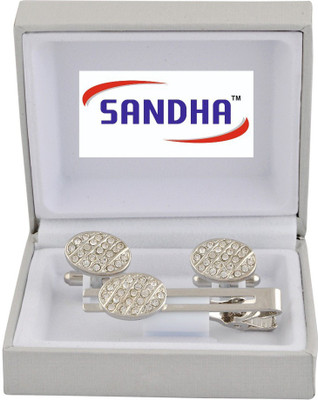 SANDHA Stainless Steel Cufflink & Tie Pin Set(Silver)