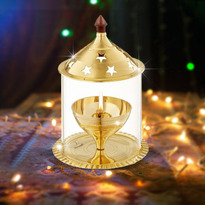 NAVYAKSH Akhand Jyot Aaradhya Diya with Glass - Large Brass Table Diya(Height: 5 inch)