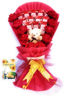 FluteRey 12 KITKAT10 RED ARTIFICIAL ROSE CHOCOLATE BOUQUET WITH I MISS U CARD Paper Gift Box(Red)