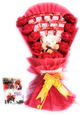 FluteRey 12 KITKAT10 RED ARTIFICIAL ROSE CHOCOLATE BOUQUET WITH I LOVE U CARD Paper Gift Box(Red)
