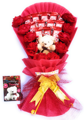 FluteRey 12 KITKAT10 ARTIFICIAL ROSE CHOCOLATE BOUQUET WITH BIRTHDAY THOUGHT CARD Paper Gift Box(Red)