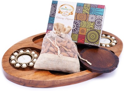 Ghasitaram Gifts Sweets-Chip n Dip Wooden Tray with T-lites, Coasters, Almonds Pouch And Assorted Bites Box Combo(320g)