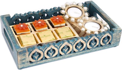 Ghasitaram Gifts Blue Wooden Serving Tray with 6 Bites and T-lItes Combo(Bites 150gms, 2 T-Lites, 1 wooden serving Trays)