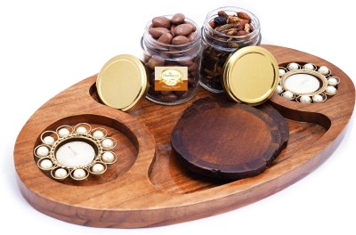 Ghasitaram Gifts Chip n Dip Wooden Tray with T-lites, Coasters, Chocolate Caoted Almonds and Miixes Dryfruit Jars Combo(2- T-lites, 2 Wooden Coasters, Chocolate Coated Almonds (120 gms), Mixed Dryfruits (120 gms), 1 Wooden Platter)